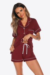 Contrast Piping Button Front Top and Shorts Lounge Set