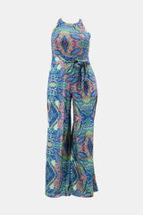 Plus Size Printed Tie Waist Jumpsuit with Pockets - Minihomy