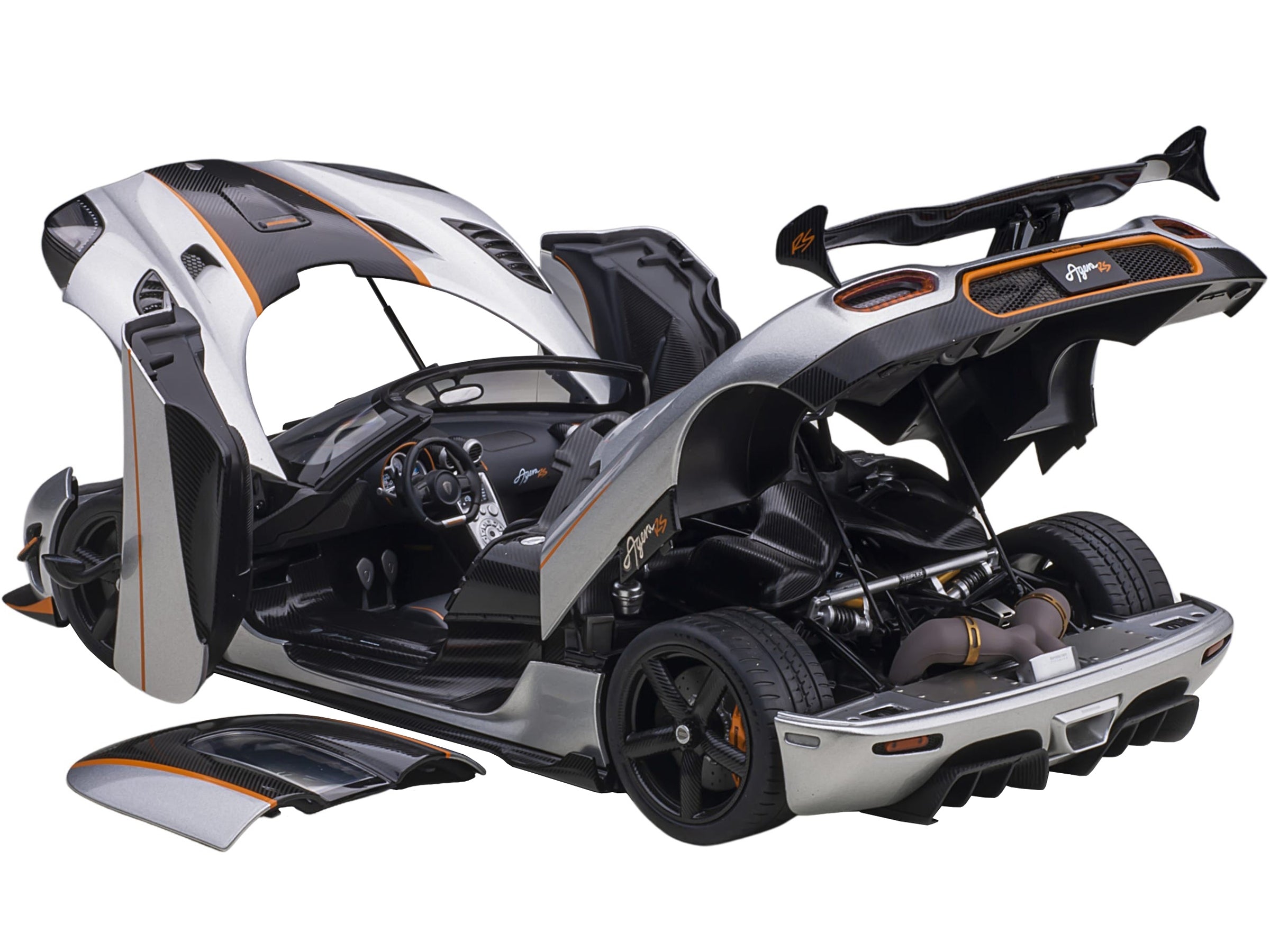 Koenigsegg Agera RS Moon Silver with Carbon and Orange Accents 1/18  Model Car by Autoart - Minihomy