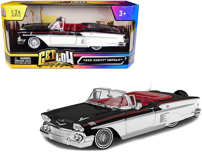 1958 Chevrolet Impala Convertible Lowrider Black and White with Red Interior "Get Low" Series 1/24 Diecast Model Car by Motormax - Minihomy