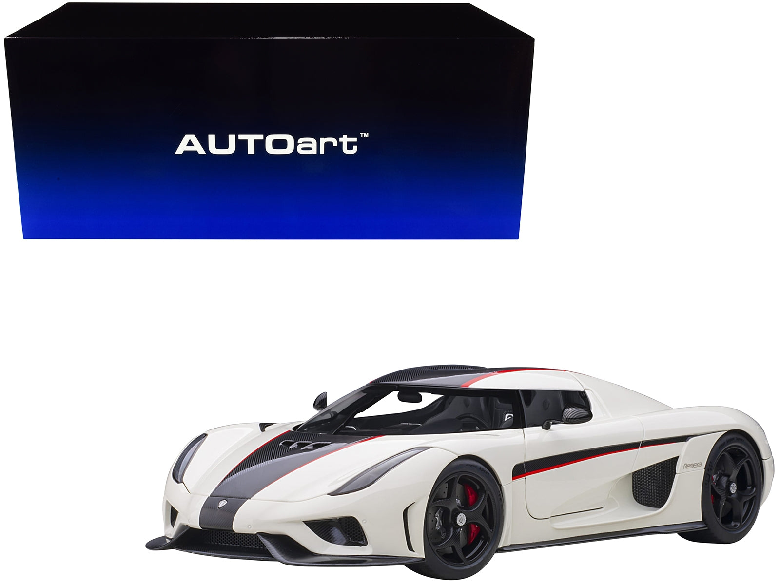 Koenigsegg Regera White with Black Carbon and Red Stripes 1/18  Model Car by Autoart - Minihomy