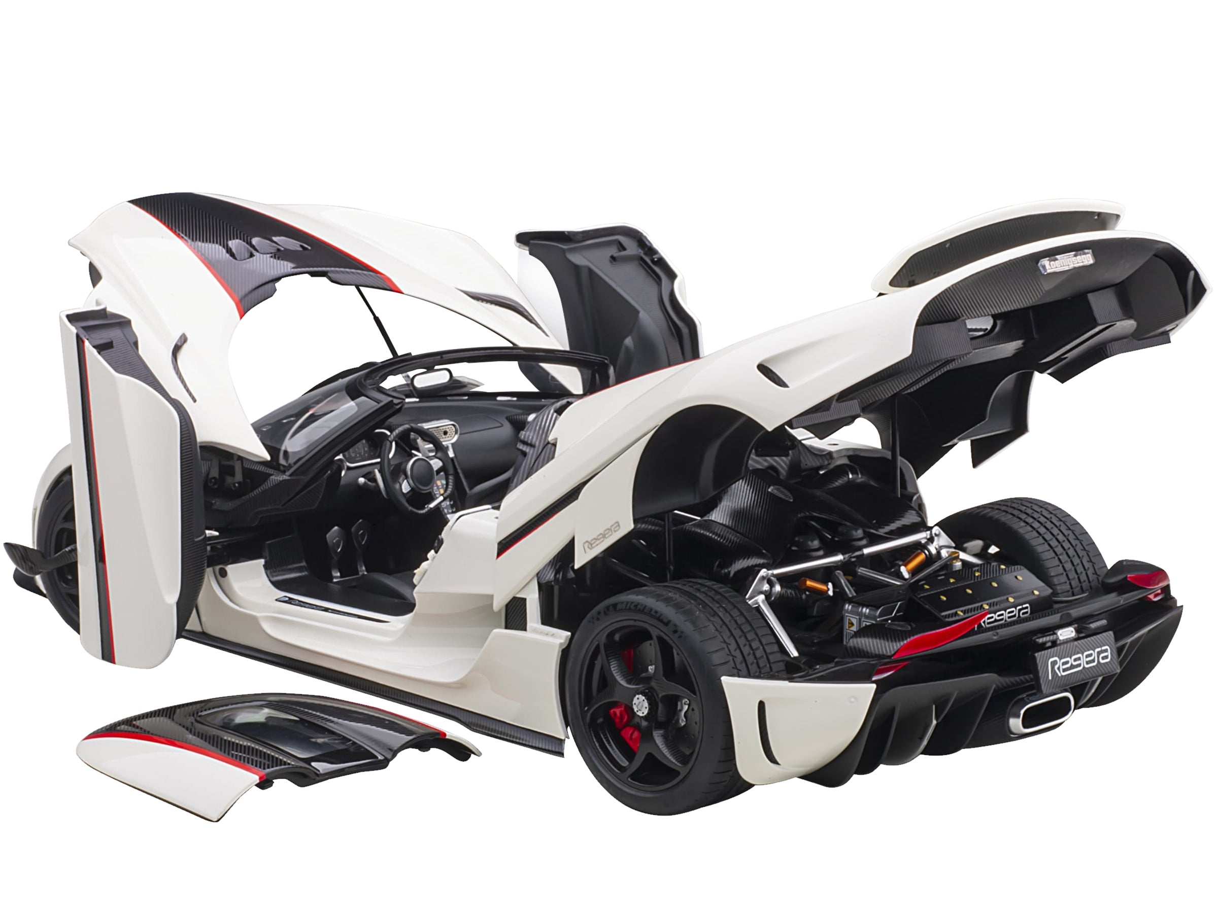 Koenigsegg Regera White with Black Carbon and Red Stripes 1/18  Model Car by Autoart - Minihomy