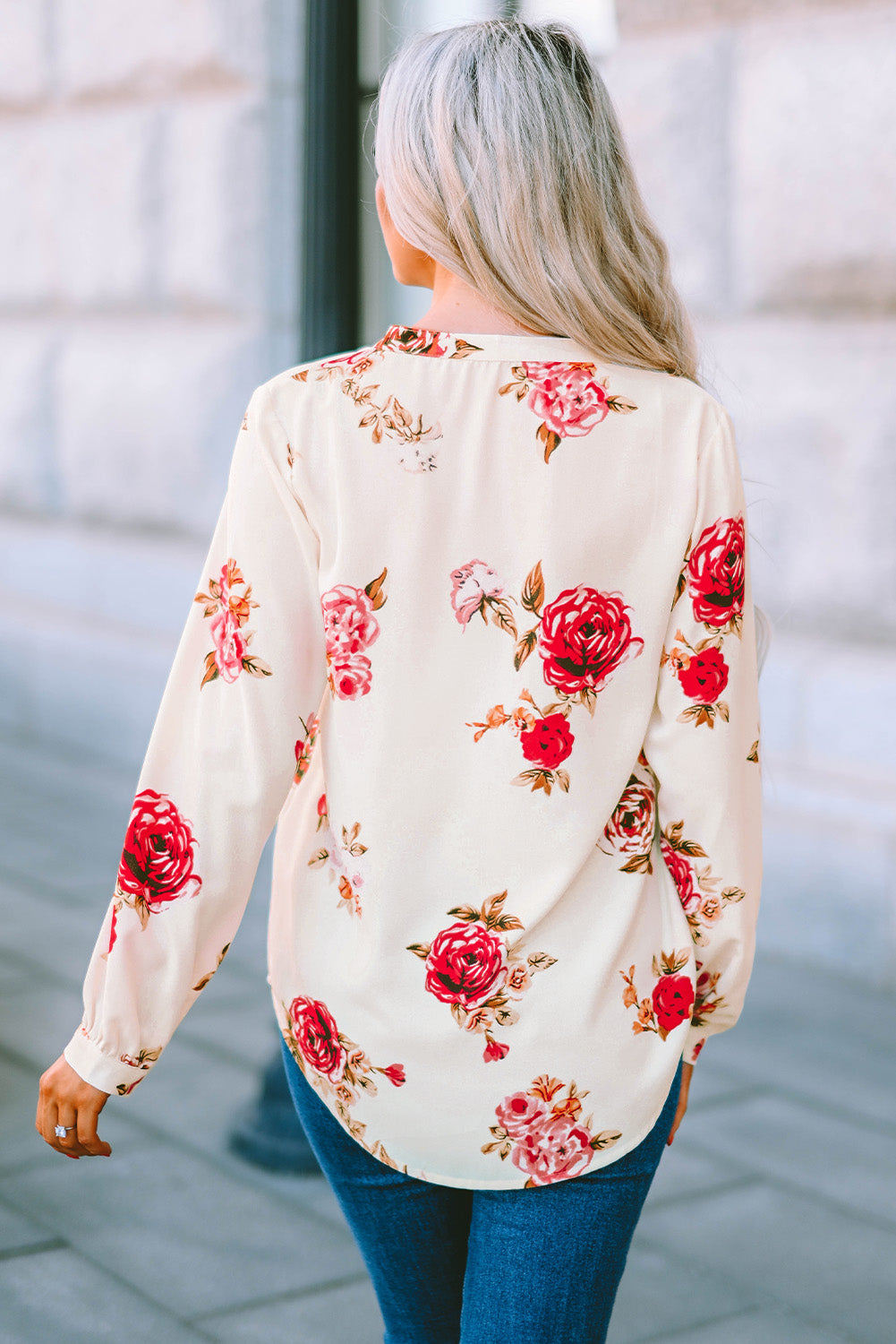 Floral Notched Curved Hem Blouse