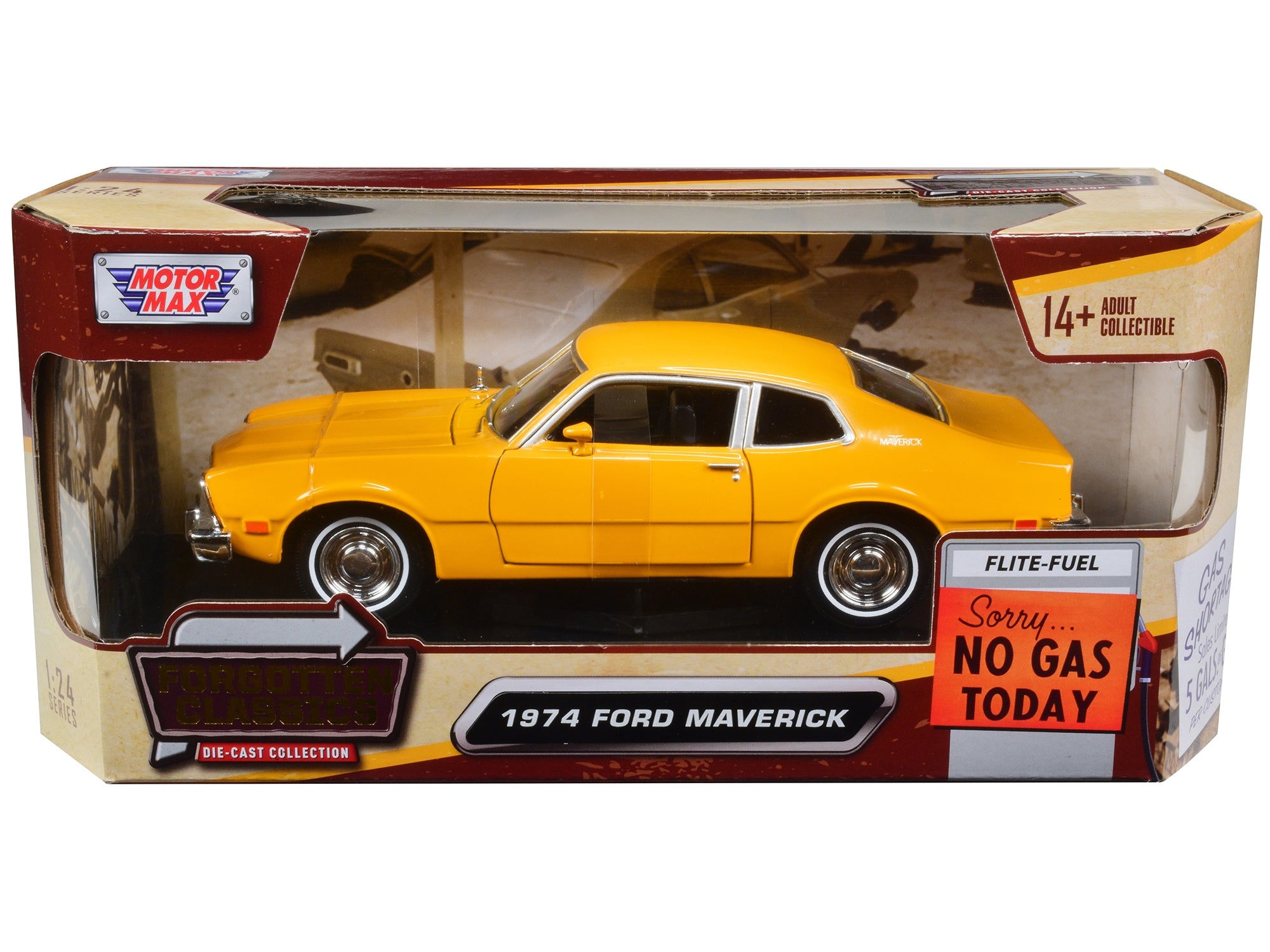 1974 Ford Maverick Yellow "Forgotten Classics" 1/24 Diecast Model Car by Motormax - Minihomy