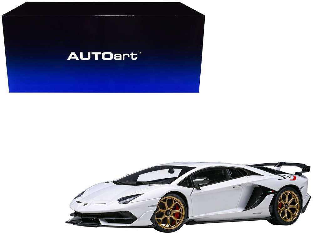 Lamborghini Aventador SVJ Bianco Asopo Pearl White with Gold Wheels 1/18 Model Car by Autoart - Minihomy