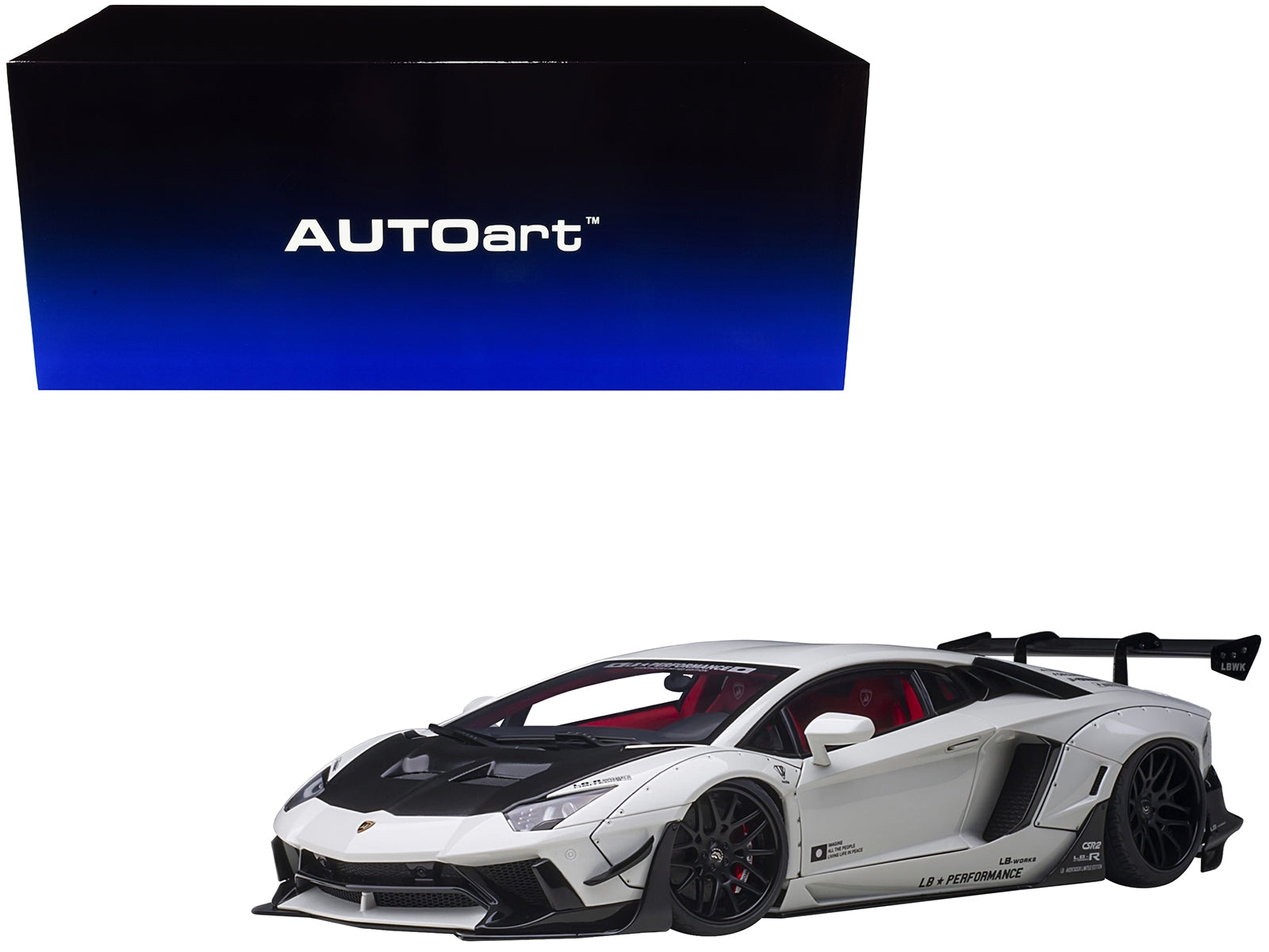 Lamborghini Aventador Liberty Walk LB-Works White Metallic with Carbon Hood and Red Interior Limited Edition 1/18 Model Car by Autoart - Minihomy