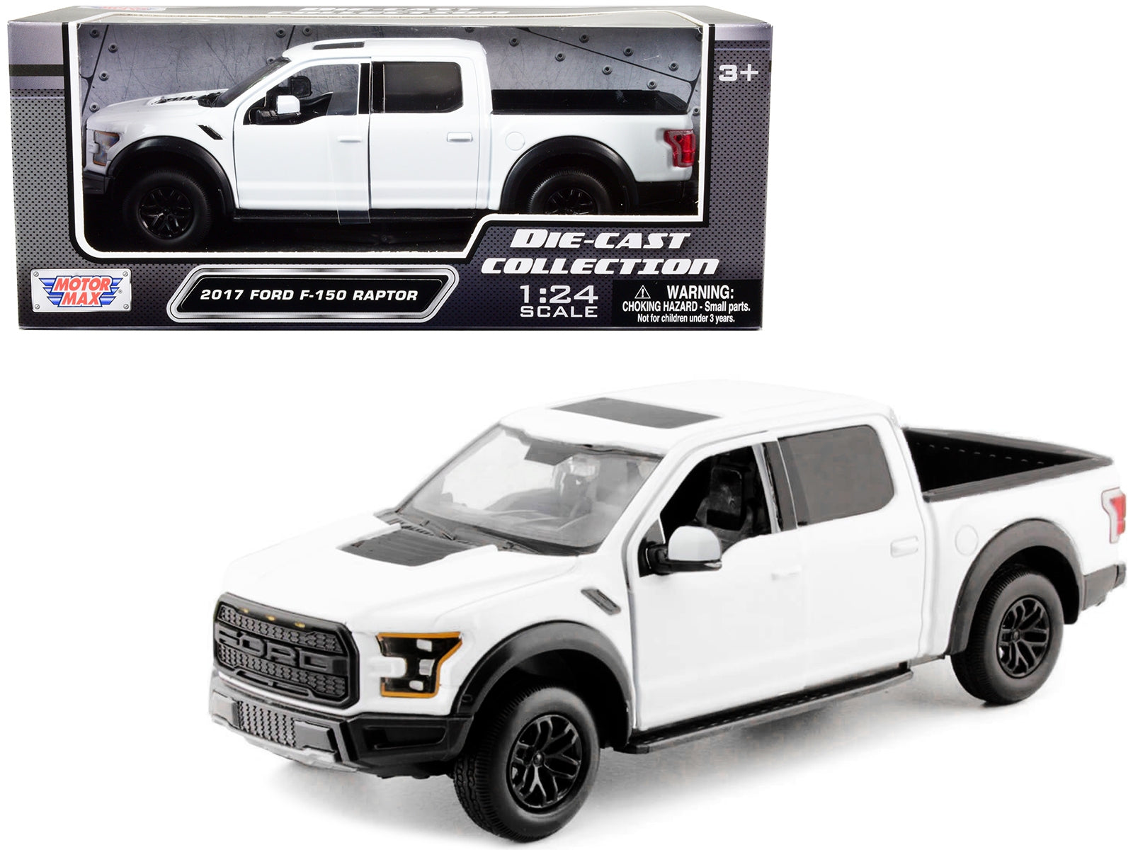 2017 Ford F-150 Raptor Pickup Truck White with Black Wheels 1/24 Diecast Model Car by Motormax - Minihomy