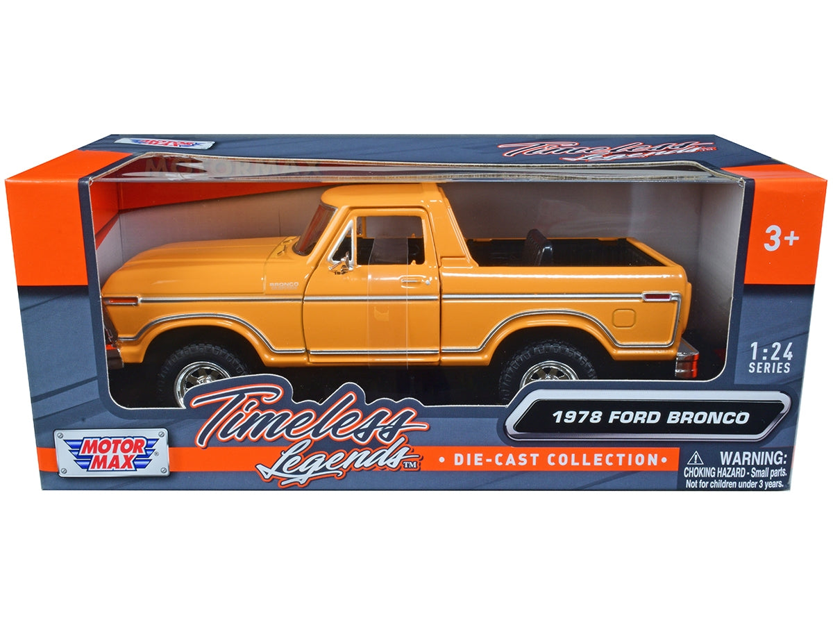 1978 Ford Bronco Custom (Open Top) Yellow with "Timeless Legends" Series 1/24 Diecast Model Car by Motormax - Minihomy