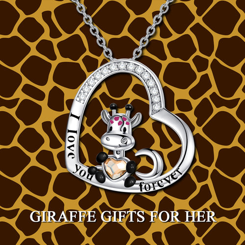 Sterling Silver  Cute Giraffe Crescent Moon Heart Pendant Embellished with Crystals from Austria I Love You Forever Necklace