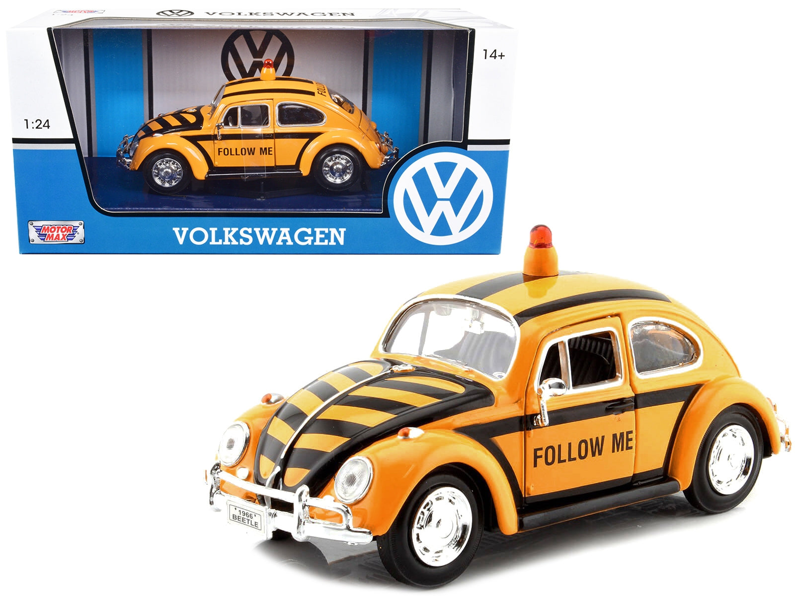 1966 Volkswagen Beetle "Follow Me" Airport Safety Vehicle Yellow with Black Stripes 1/24 Diecast Model Car by Motormax - Minihomy