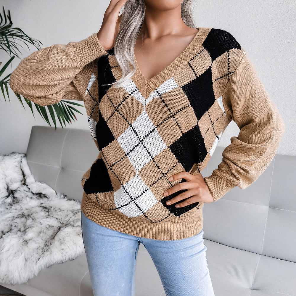 Argyle V-Neck Long Sleeve Sweater - Minihomy