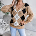 Argyle V-Neck Long Sleeve Sweater - Minihomy