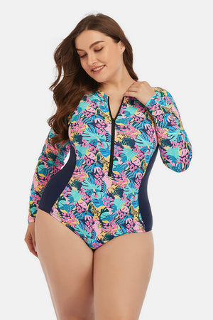 Plus Size Floral Zip Up One-Piece Swimsuit - Minihomy