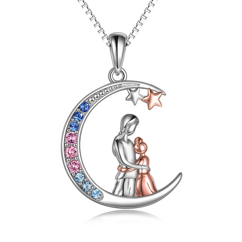 Crescent Moon Family Necklace for Women Teens Sterling Silver Jewelry with Crystal