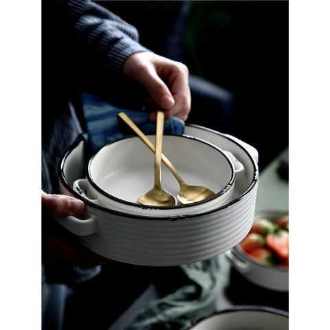 Binaural Noodle Soup Bowl White Ceramic Deep Soup Bowl Large Simple Home Nordic 9-inch Fruit Salad Dessert Bowl