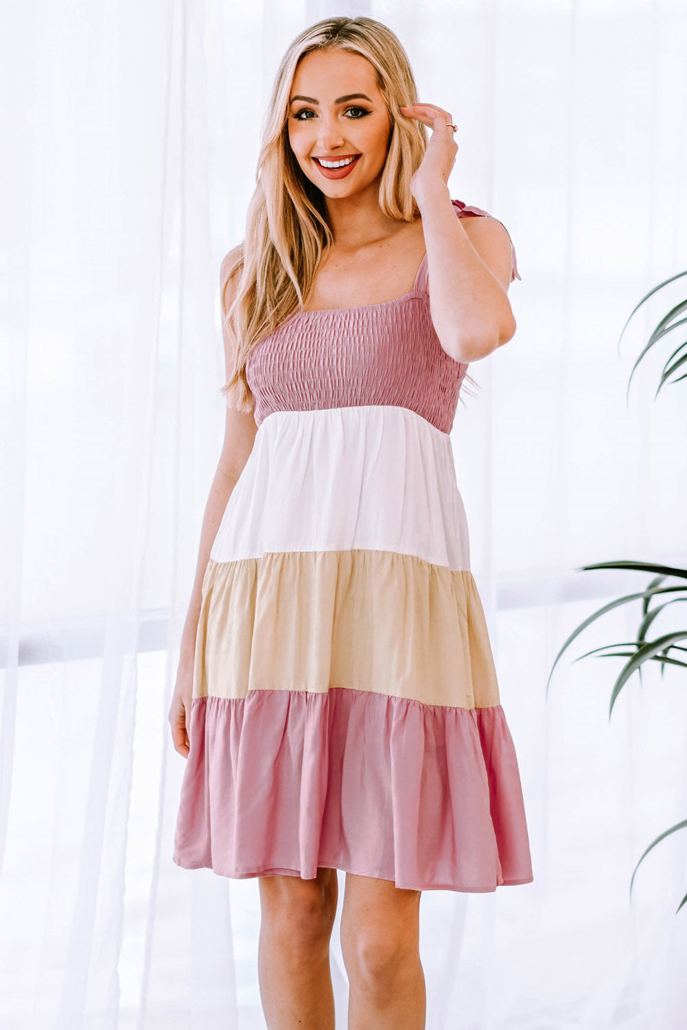 Color Block Tie Shoulder Tiered Dress - Minihomy