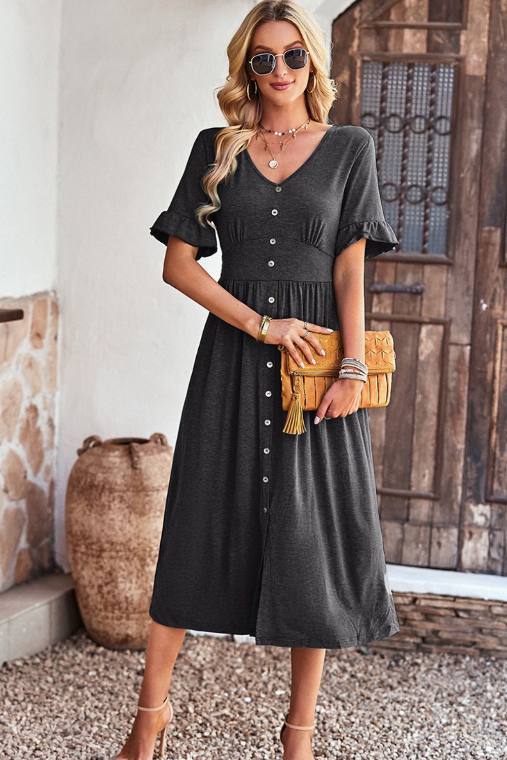 Gathered Detail Buttoned V-Neck Midi Dress - Minihomy