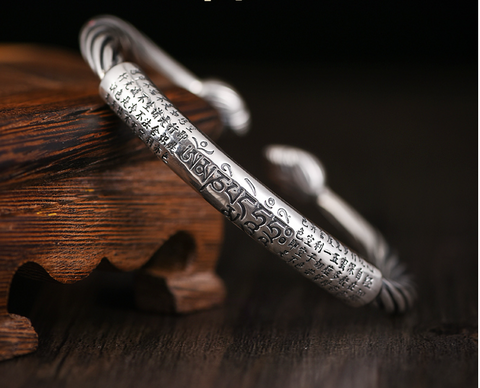 Tibetan Six-character Mantra Bracelet Men's Sterling Silver
