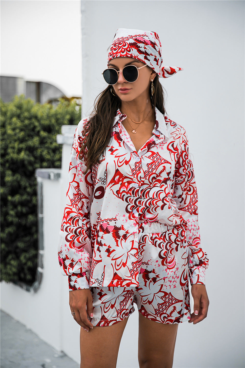 Floral Shirt and Shorts Set with Hair Scarf