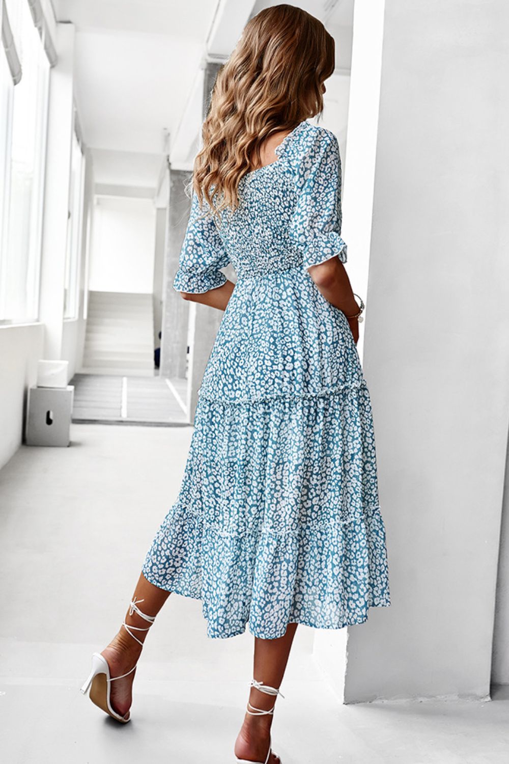 Ditsy Floral Off-Shoulder Smocked Midi Dress - Minihomy