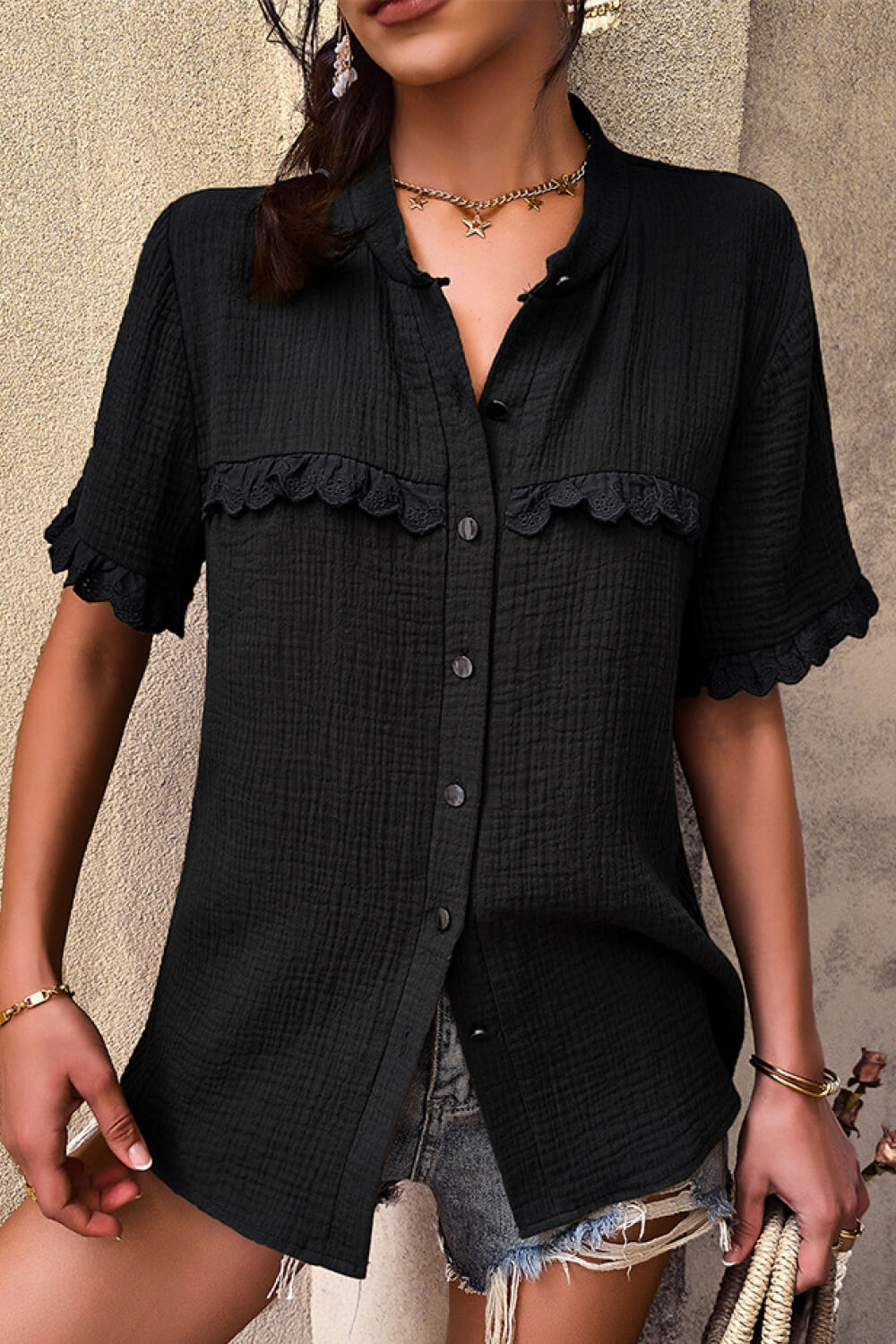 Textured Lace Trim Button Down Shirt