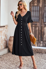 Gathered Detail Buttoned V-Neck Midi Dress - Minihomy