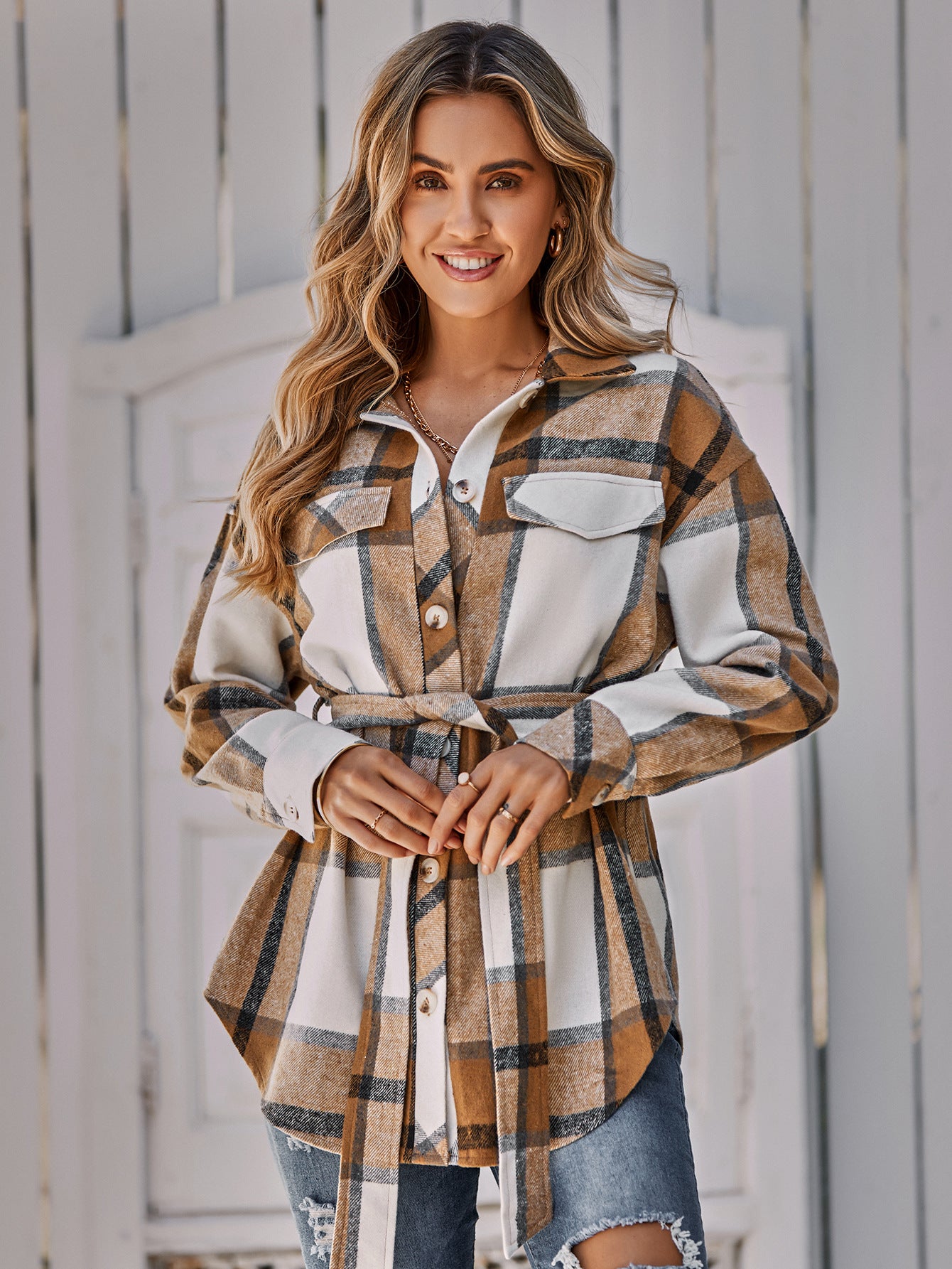 Plaid Belted Dropped Shoulder Shirt Jacket