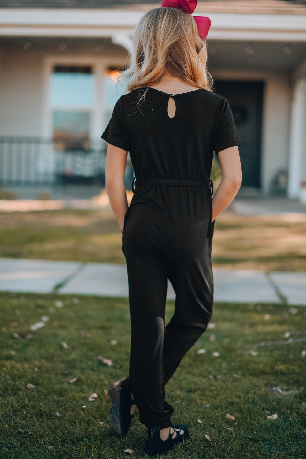 Girls Belted Jogger Jumpsuit with Side Pockets