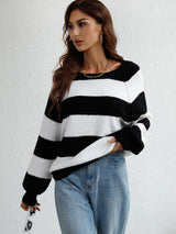 Striped Raglan Sleeve Ribbed Trim Knit Top - Minihomy