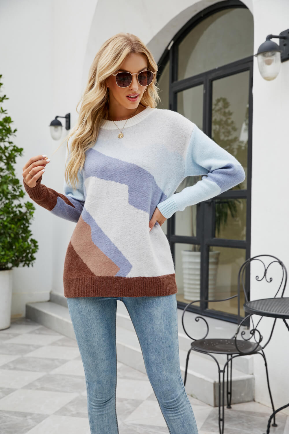 Color Block Dropped Shoulder Round Neck Tunic Sweater