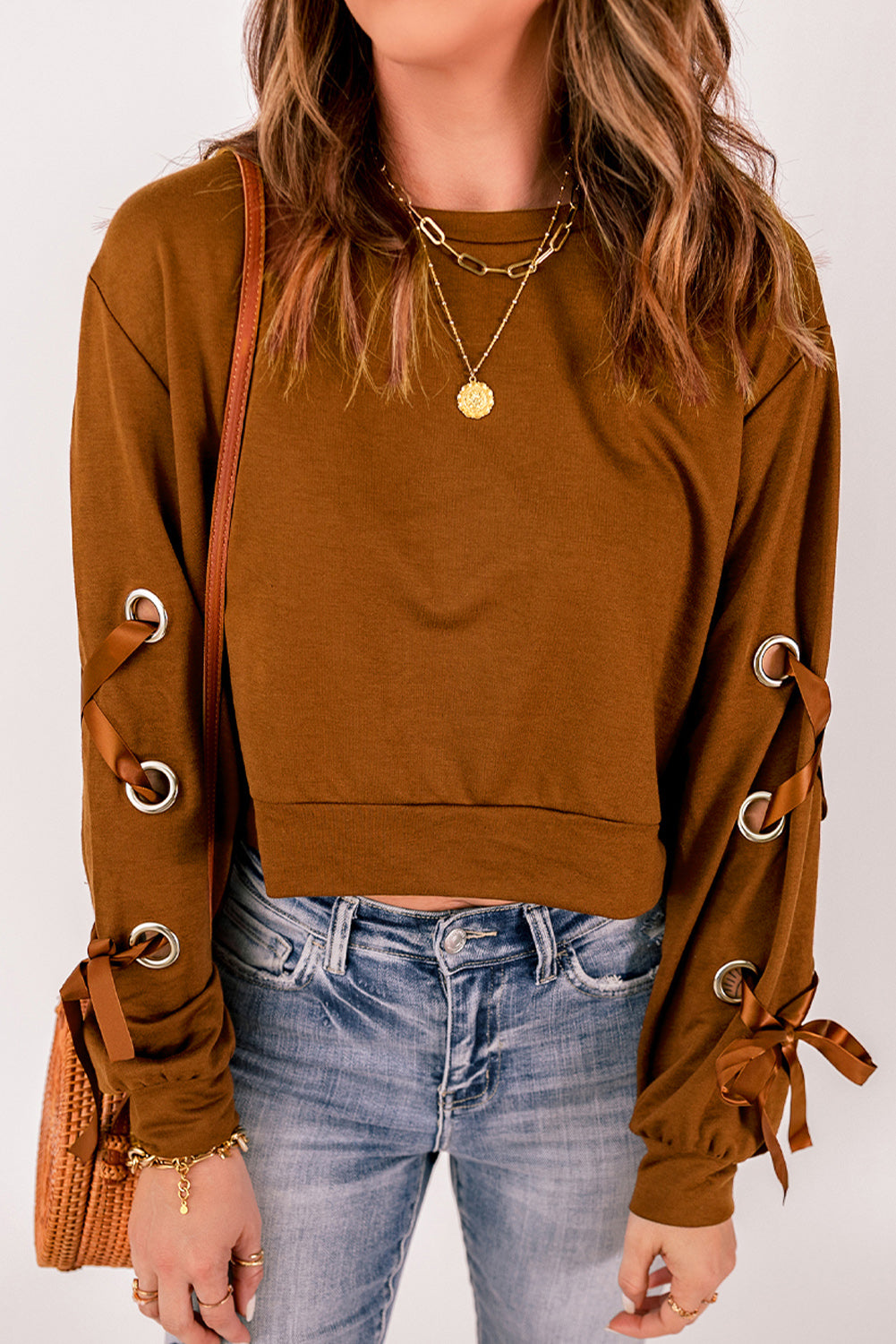 Grommet Detail Lace-Up Cropped Sweatshirt - Minihomy