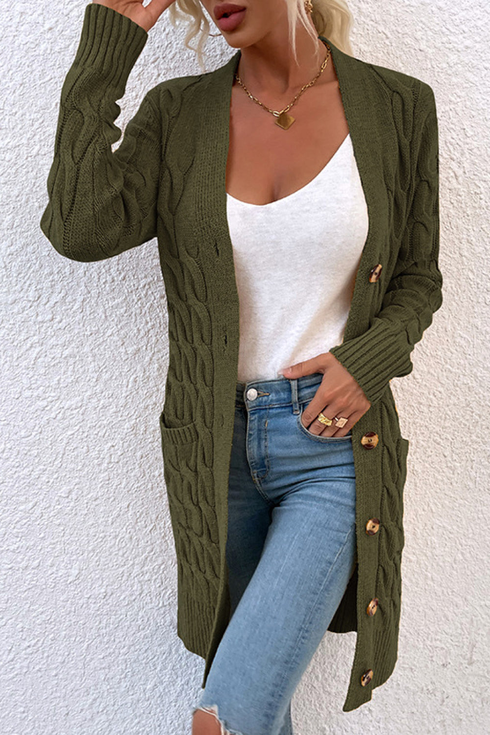 Cable-Knit Button Down Duster Cardigan