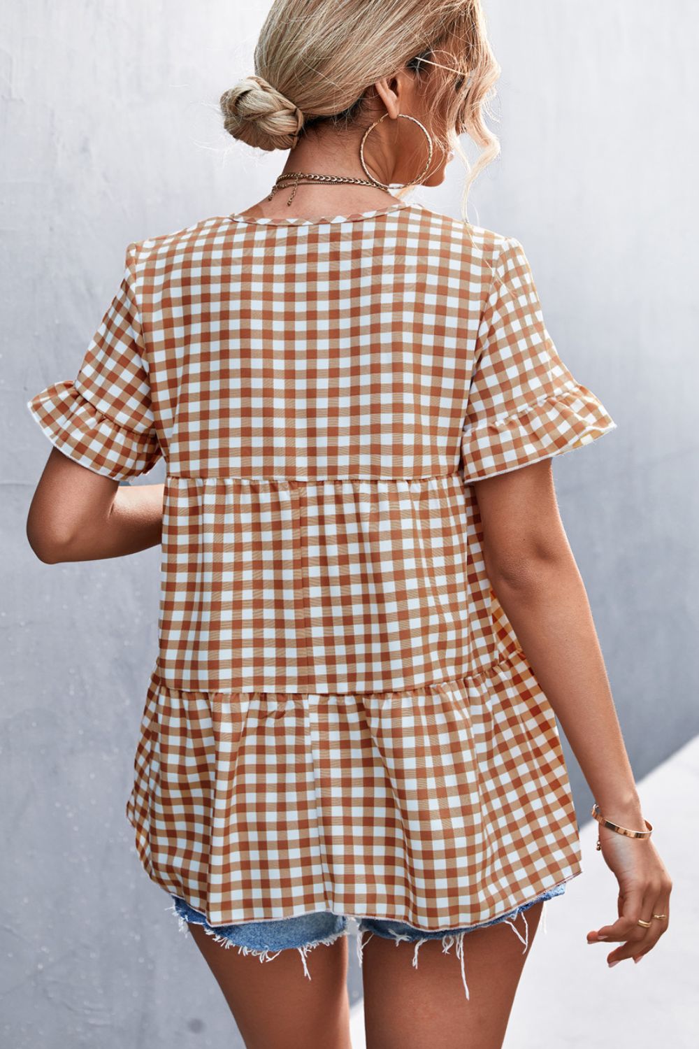 Gingham Flare Sleeve Babydoll Top - Minihomy