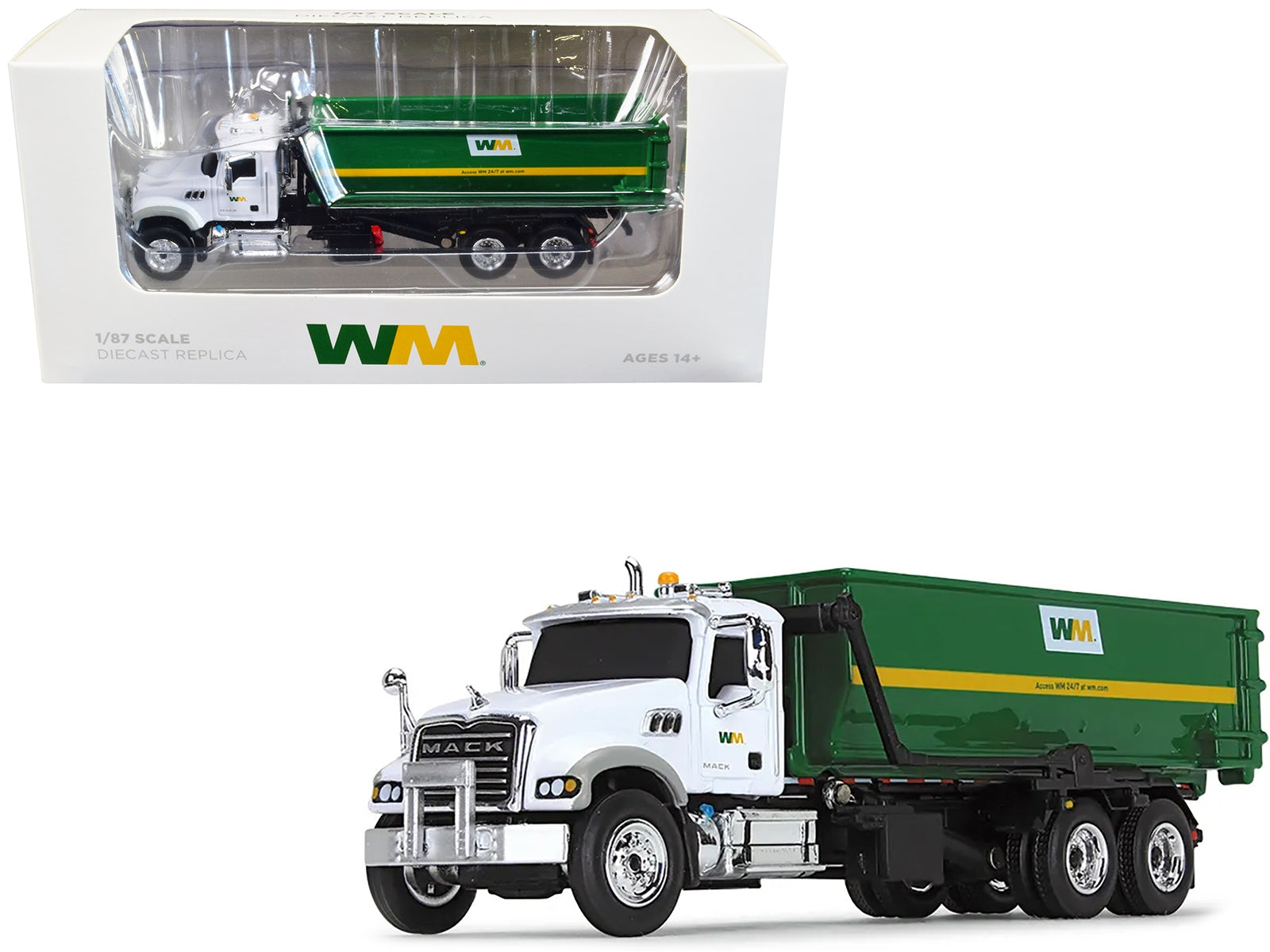 Mack Granite MP Refuse Garbage Truck with Tub-Style Roll-Off Container "Waste Management" White and Green 1/87 (HO) Diecast Model by First Gear - Minihomy