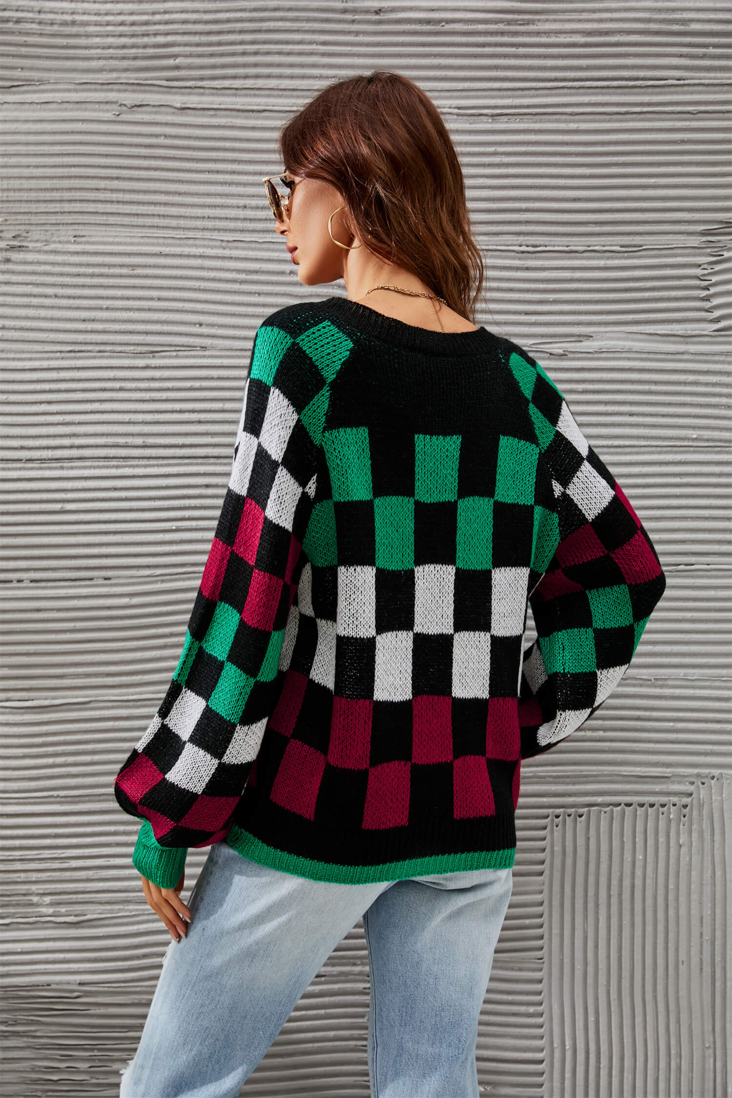 Checkered V-Neck Lantern Sleeve Sweater