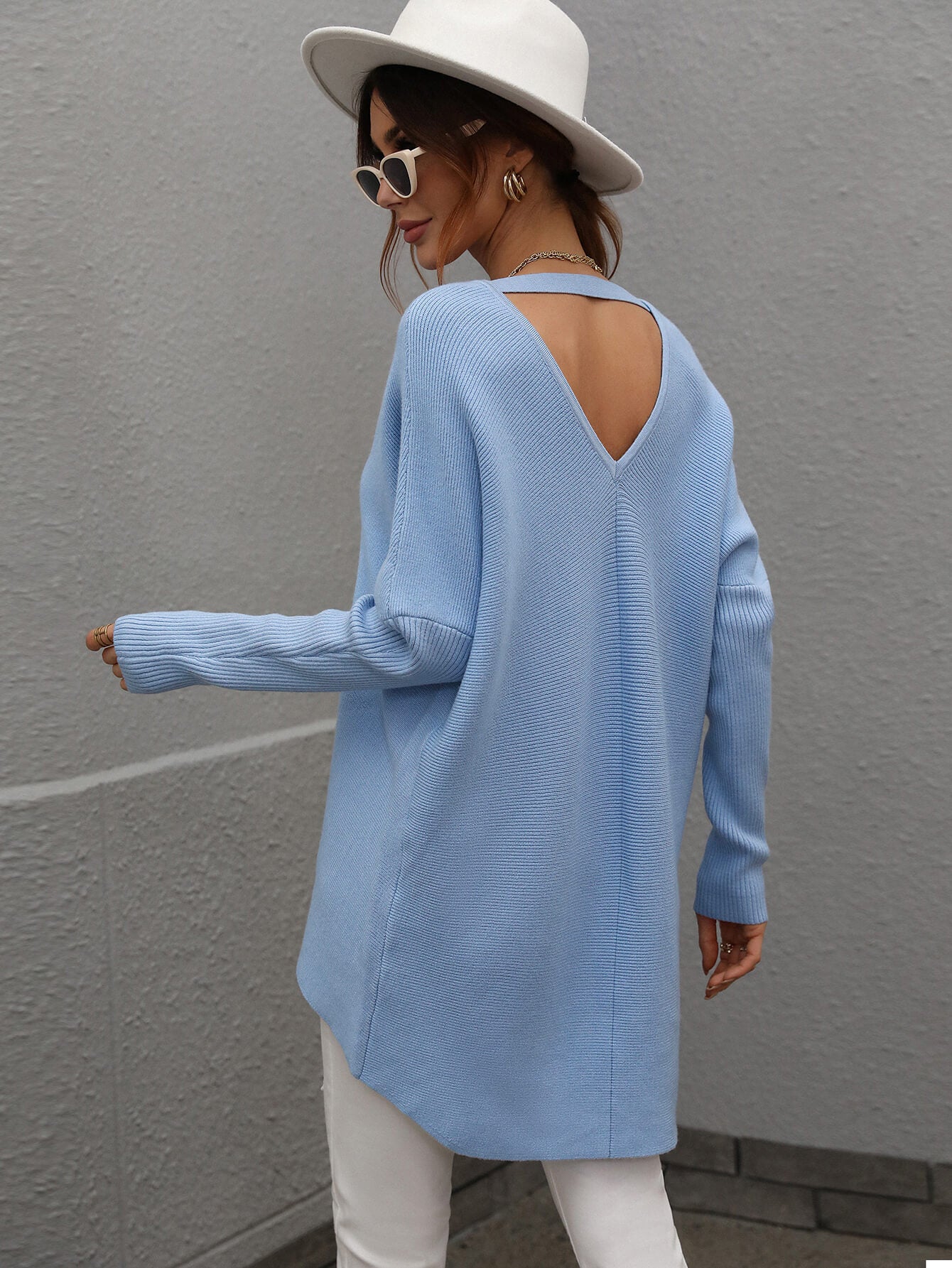 Ribbed V-Neck Open Back Tunic Sweater - Minihomy