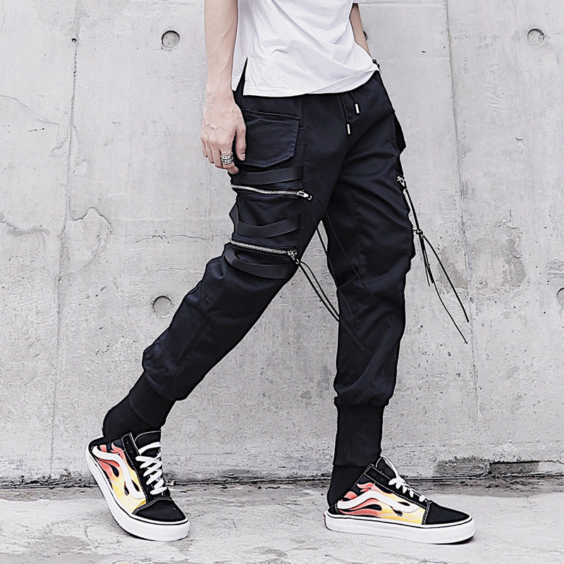 Joggers Pants Men Ribbons Pocket Cargo Trousers Feet casual pants