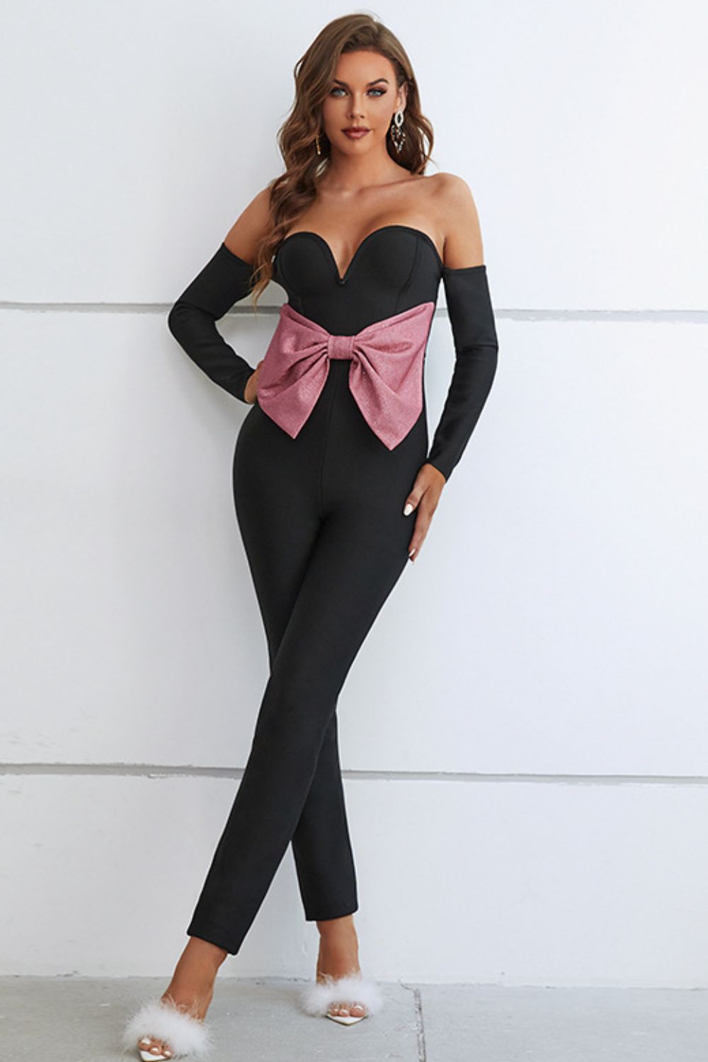 Contrast Bow Detail Sweetheart Neck Jumpsuit