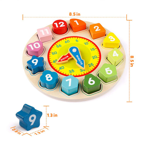 Teaching Time Number Blocks Puzzle Wooden Shape Color Sorting Clock
