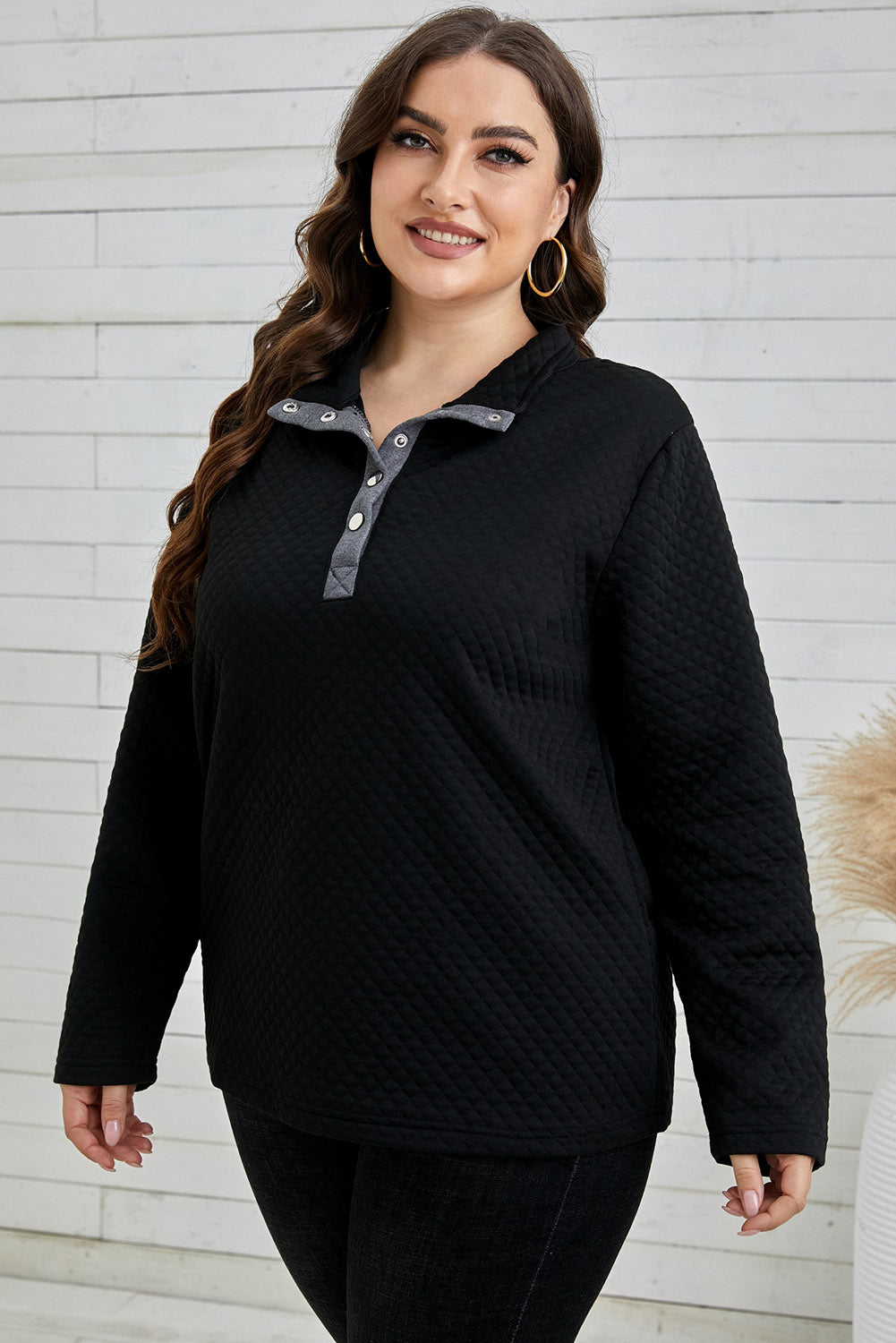 Plus Size Quilted Quarter-Snap Sweatshirt - Minihomy