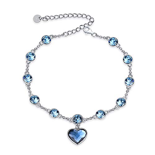 s925 Sterling Silver Adjustable Love Heart Link Bracelet with Blue Crystal Birthday Anniversary Jewelry Gifts