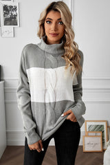 Color Block Cable-Knit Turtleneck Dropped Shoulder Sweater