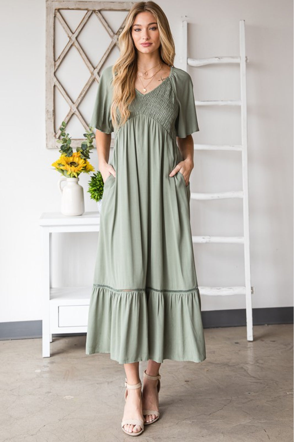 HEYSON Full Size Smocked Pocket Midi Dress in Sage - Minihomy