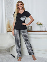 Plaid Heart V-Neck Tee and Pants Lounge Set