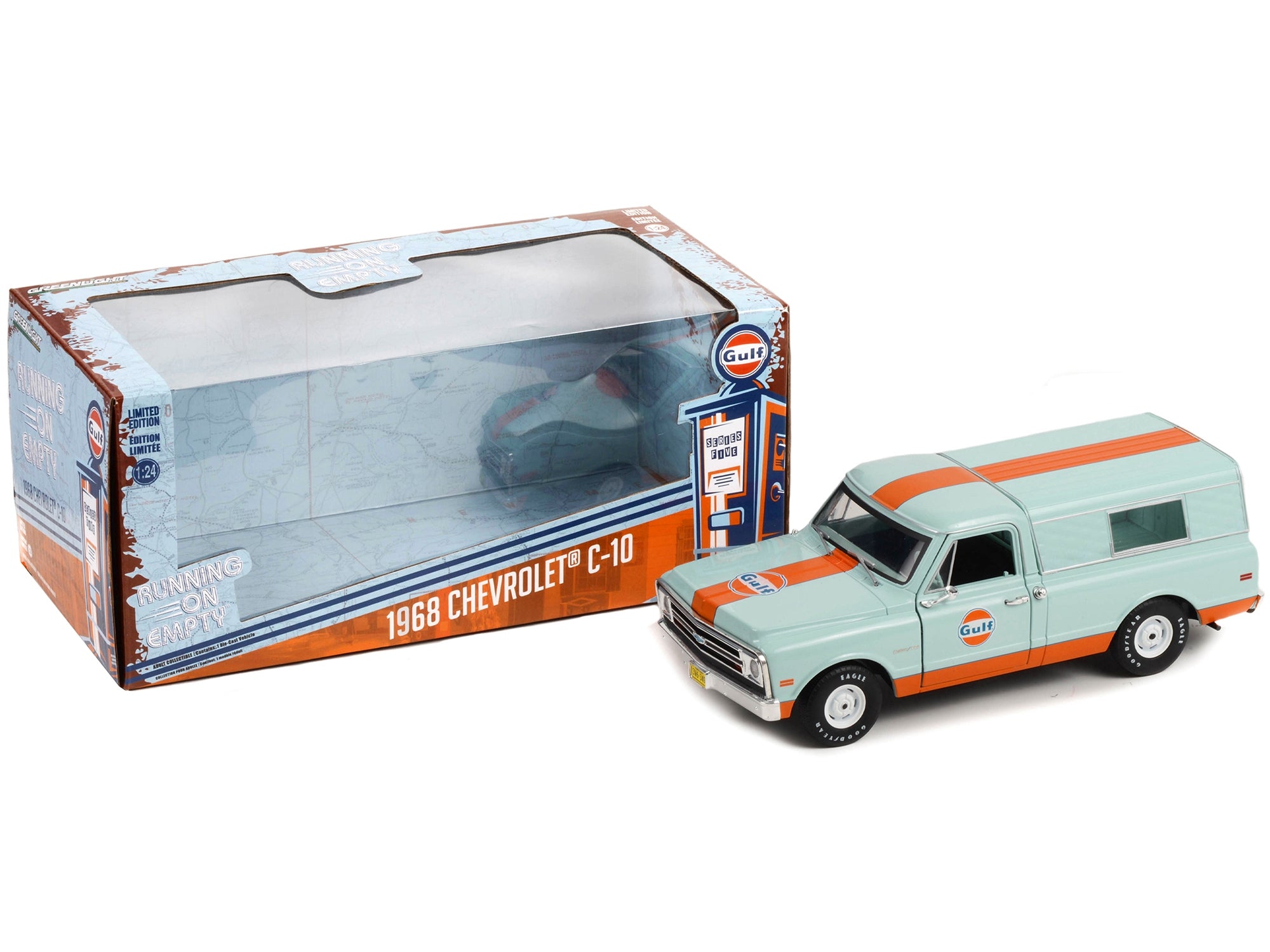 1968 Chevrolet C-10 Pickup Truck Light Blue with Orange Stripes with Camper Shell