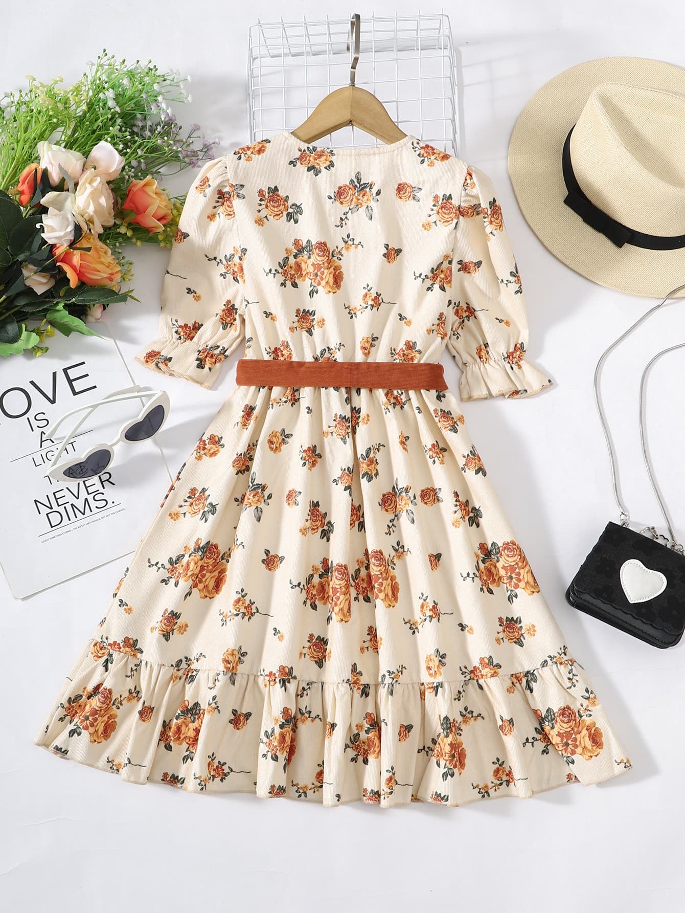 Girls Floral Tied Puff Sleeve Dress - Minihomy