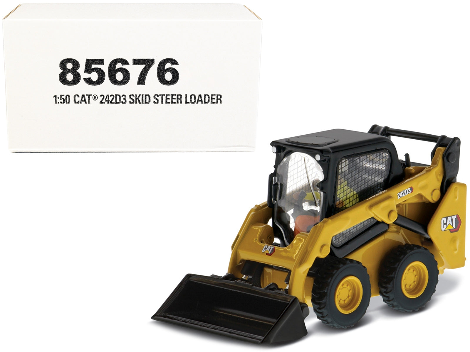 CAT Caterpillar 242D3 Wheeled Skid Steer Loader with Work Tools and Operator Yellow "High Line Series" 1/50 Diecast Model by Diecast Masters - Minihomy