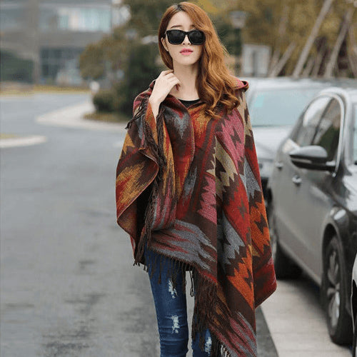 Retro national wind hooded cape shawl bohemian tourism horn buckle shawl