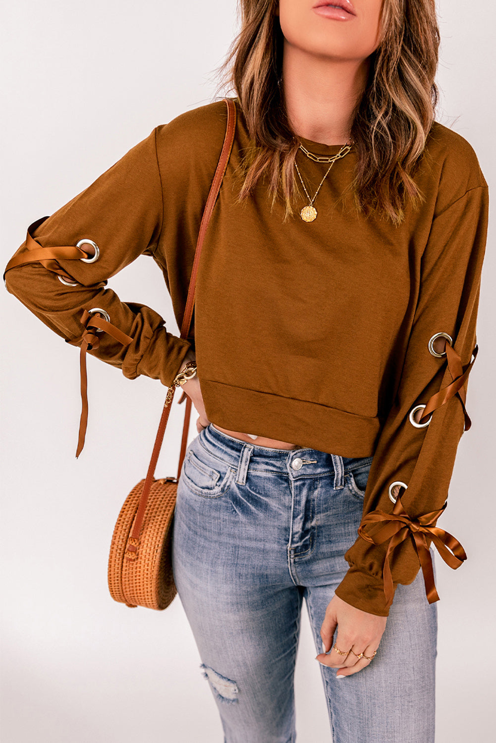 Grommet Detail Lace-Up Cropped Sweatshirt - Minihomy