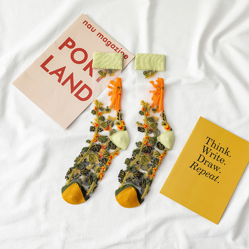 Crystal Silk Tide Socks Funny Sunflowers Vines Flowers Happy Women Socks - Minihomy